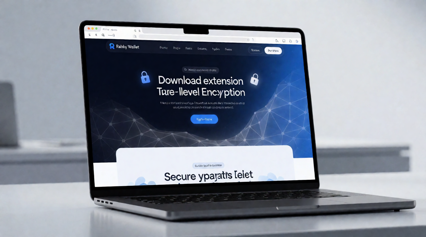 Official Rabby Wallet website on a laptop screen, showing Rabby branding, secure padlock icons, and multi-chain visuals.