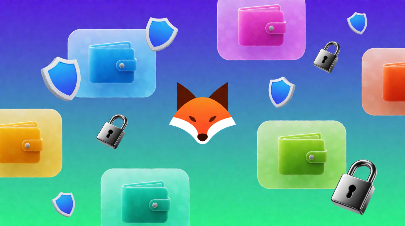 Illustration of multiple color-coded sandboxed containers with wallet icons, a central Rabby Wallet fox logo, and privacy symbols, representing crypto wallet isolation and privacy.