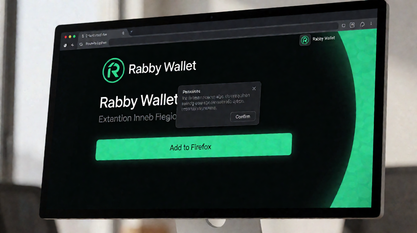 Screenshot of Firefox browser showing the official Rabby Wallet extension page with the Add to Firefox button and permission dialog, featuring the Rabby logo and pinned toolbar icon.