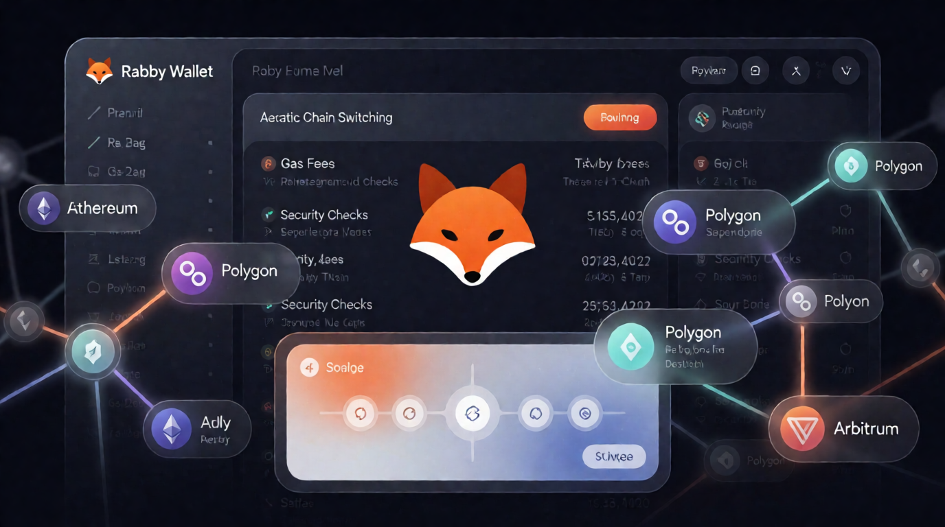 Rabby Wallet fox logo combined with DeFi transaction simulation and multi-chain network visual